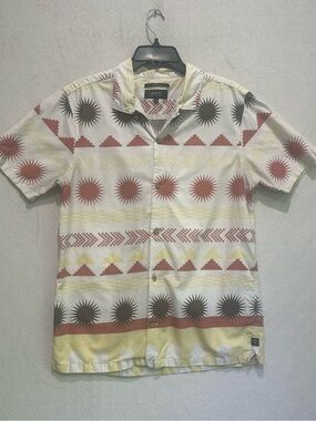 Roark Men Gonzo Organic Short-Sleeve Button-Up Shirt Woven Aztec Cream Sun Sz M